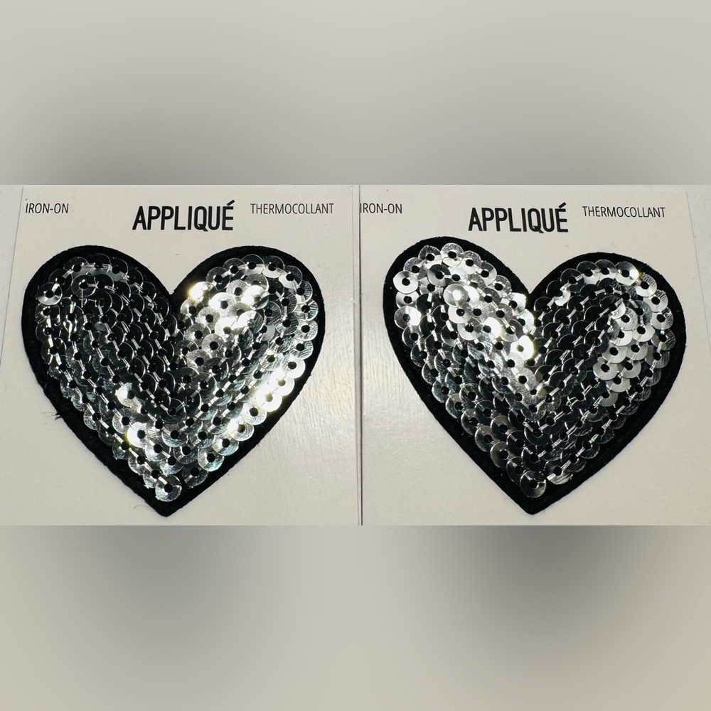 Iron-On Silver Sequin Heart Appliqué Patches Set of 2 NWT